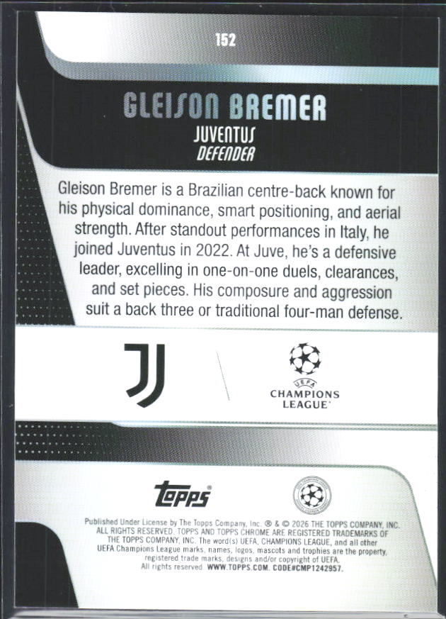 Gleison Bremer 2025-26 Chrome UEFA #152 – baksida