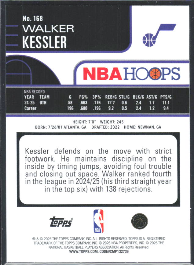 Walker Kessler 2025-26 NBA Hoops #168 – baksida