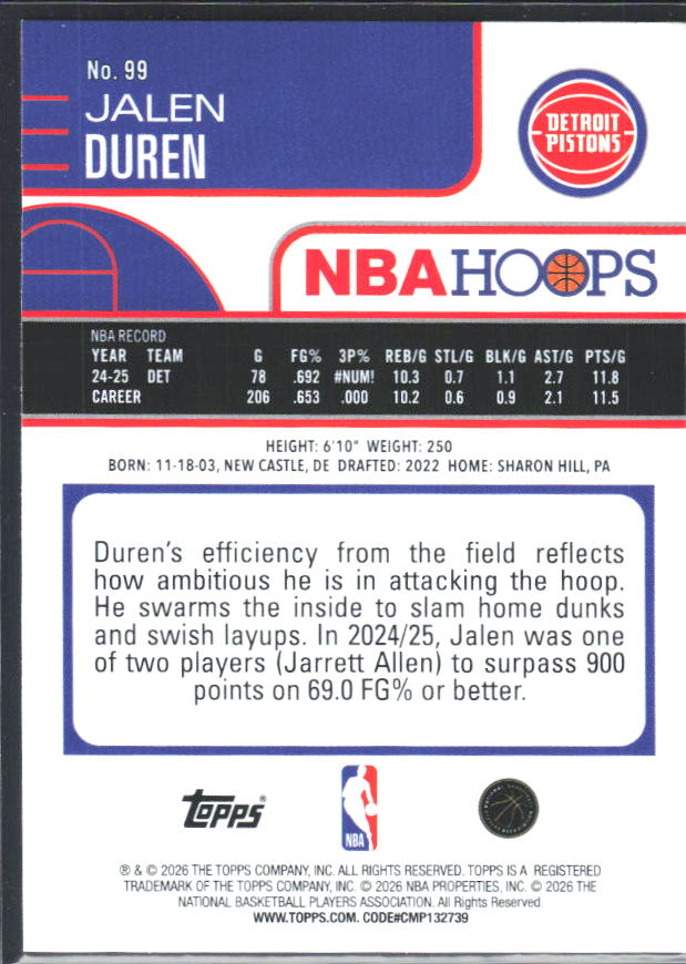 Jalen Duren 2025-26 NBA Hoops #99 – baksida