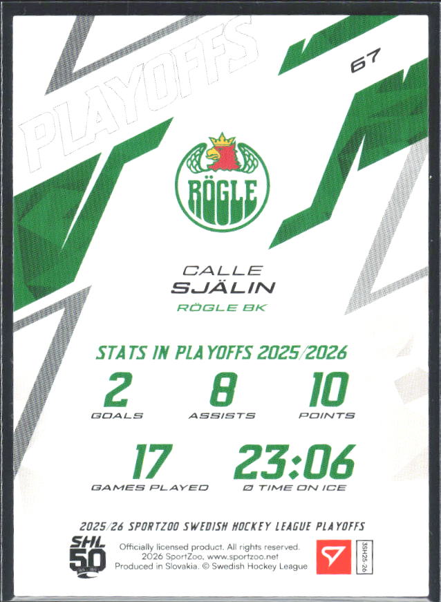 Calle Själin 2025-26 SHL Playoffs #67 – baksida
