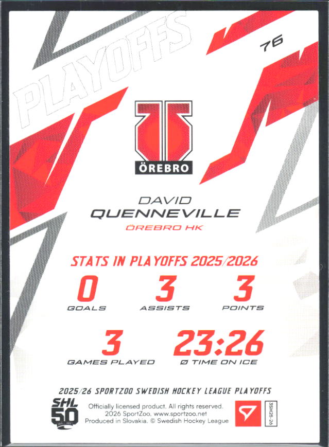 David Quenneville 2025-26 SHL Playoffs #76 – baksida