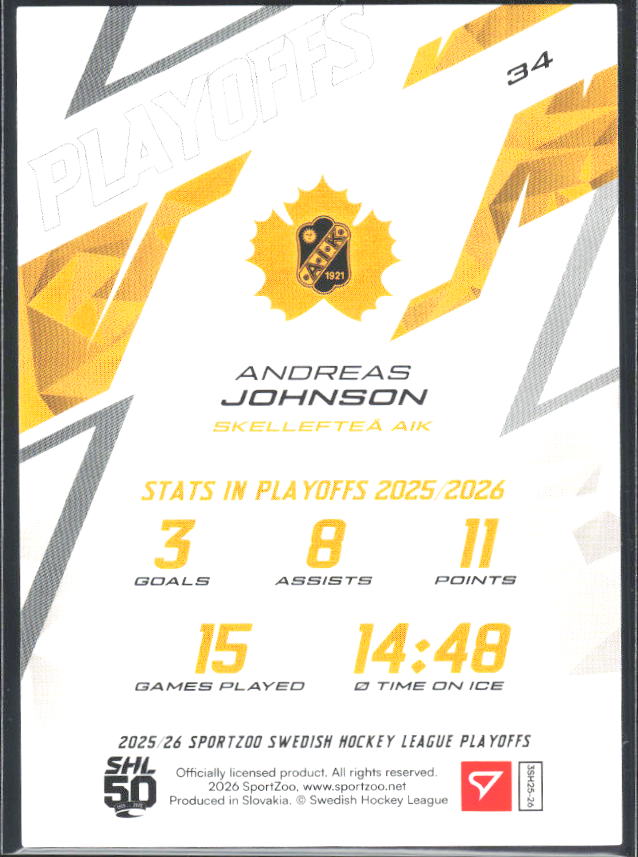 Andreas Johnsson 2025-26 SHL Playoffs #34 – baksida