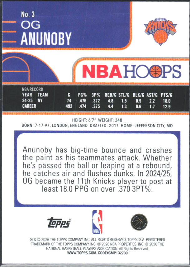 OG Anunoby 2025-26 NBA Hoops #3 – baksida