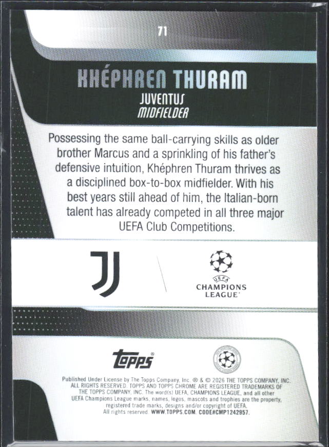 Khéphren Thuram 2025-26 Chrome UEFA #71 – baksida