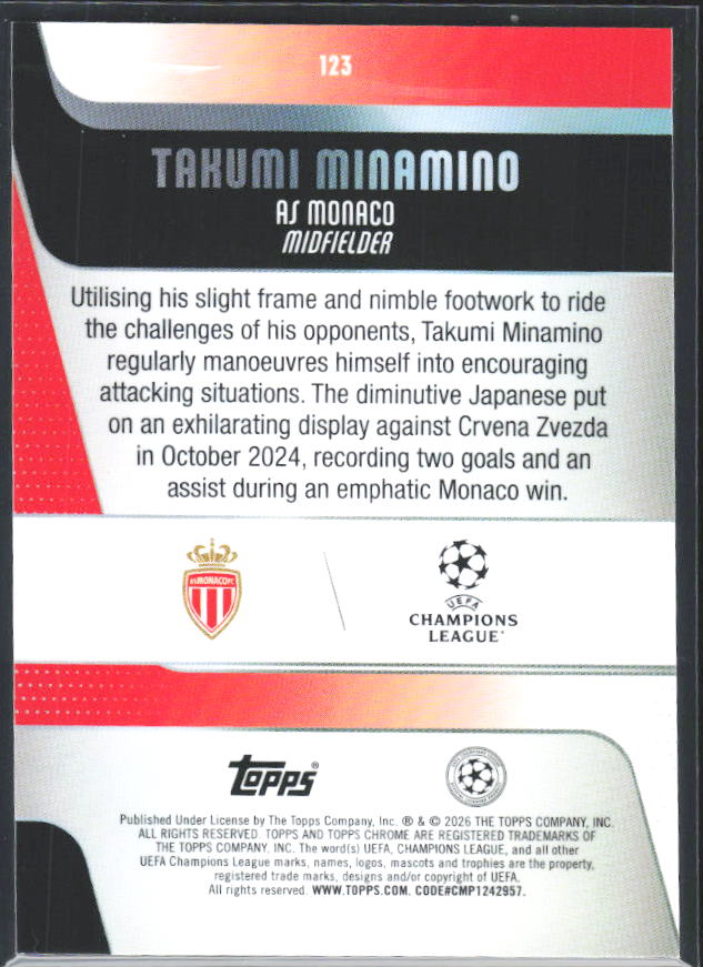 Takumi Minamino 2025-26 Chrome UEFA #123 – baksida