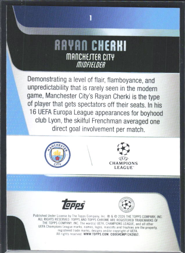 Rayan Cherki 2025-26 Chrome UEFA #1 – baksida
