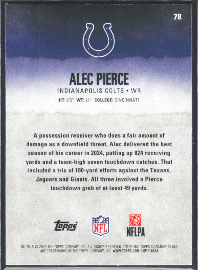 Alec Pierce 2025 Signature Class #78 – baksida