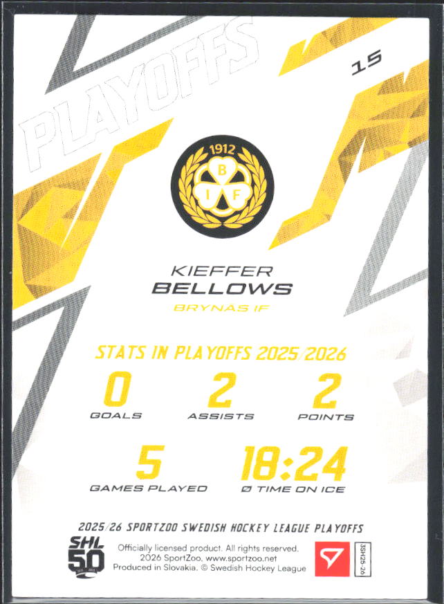Kieffer Bellows 2025-26 SHL Playoffs #15 – baksida