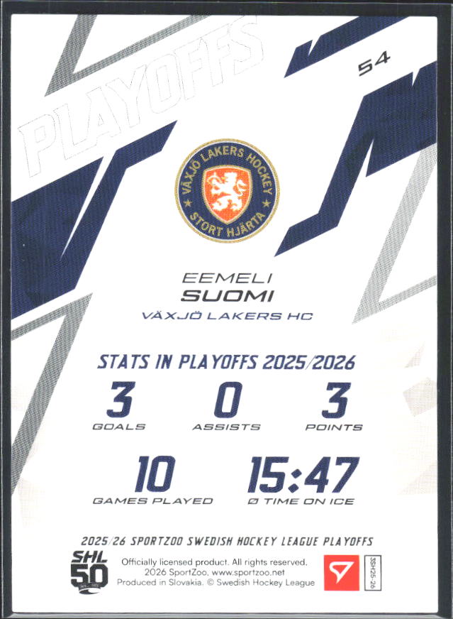 Eemeli Suomi 2025-26 SHL Playoffs #54 – baksida