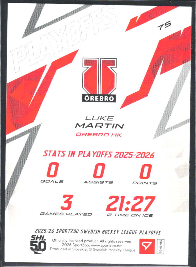 Luke Martin 2025-26 SHL Playoffs #75 – baksida