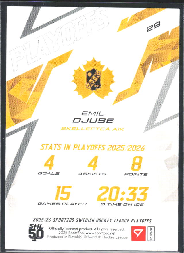 Emil Djuse 2025-26 SHL Playoffs #29 – baksida