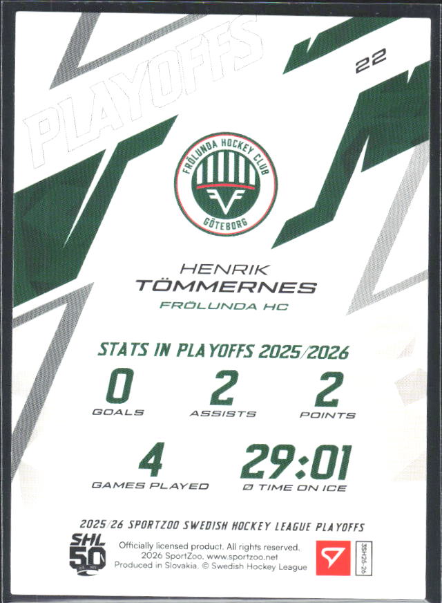 Henrik Tömmernes 2025-26 SHL Playoffs #22 – baksida