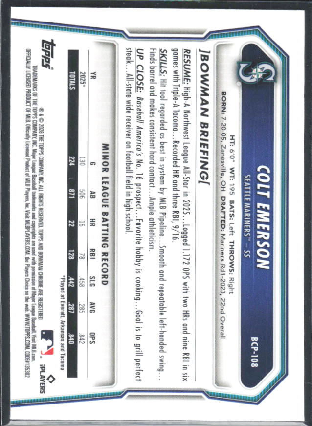 Colt Emerson 2026 Bowman Chrome Prospects #BCP-108 – baksida