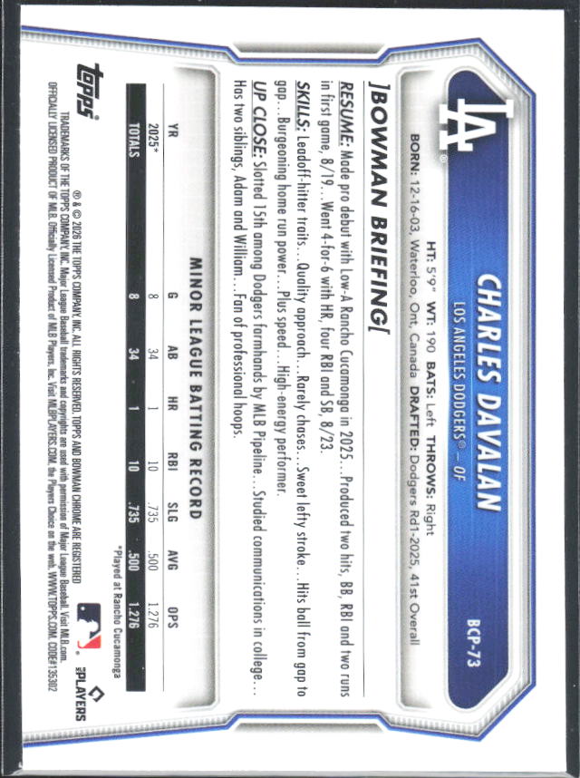 Charles Davalan 2026 Bowman Chrome Prospects #BCP-73 – baksida