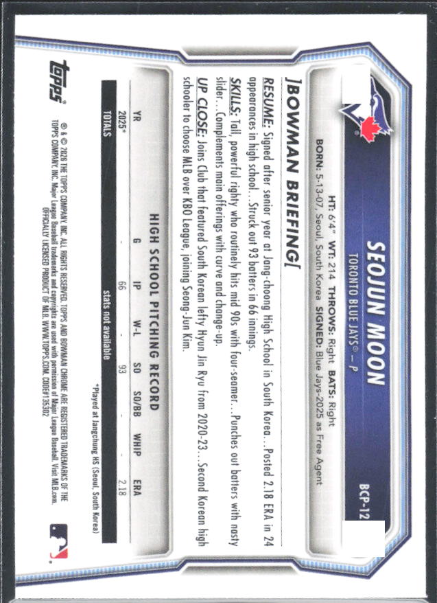 Seojun Moon 2026 Bowman 1st Chrome Prospects #BCP-127 – baksida