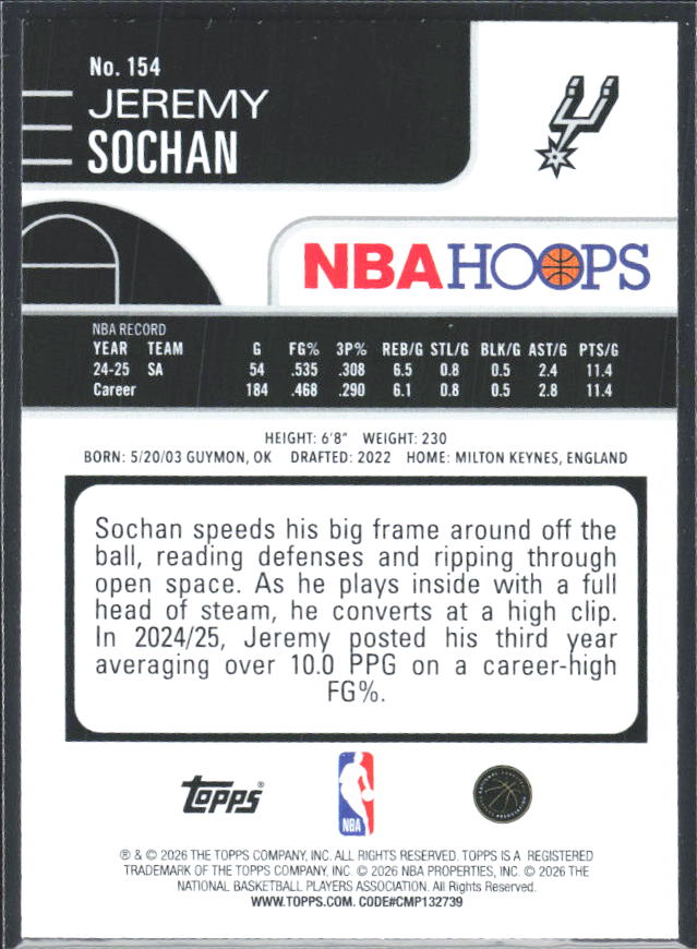 Jeremy Sochan 2025-26 NBA Hoops #154 – baksida