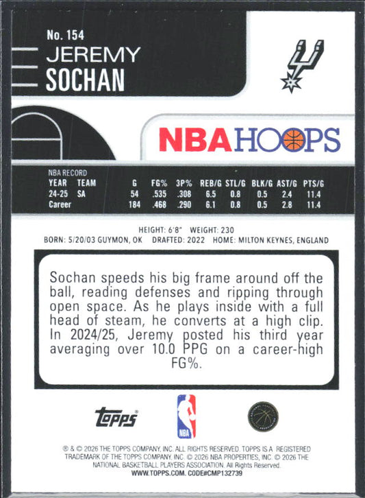 Jeremy Sochan 2025-26 NBA Hoops #154 – baksida