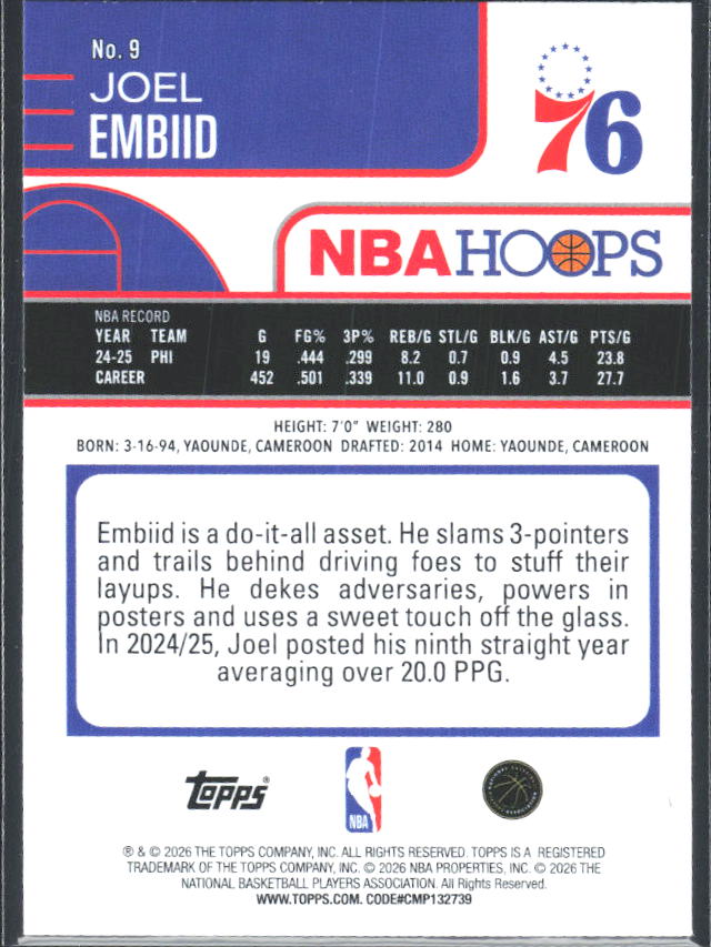 Joel Embiid 2025-26 NBA Hoops #9 – baksida