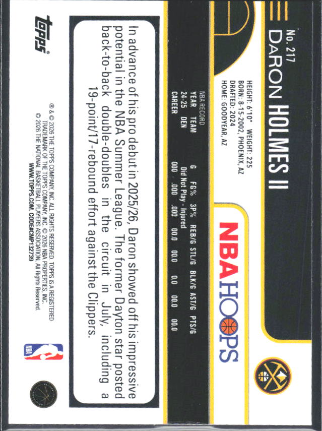 DaRon Holmes II 2025-26 NBA Hoops #217 – baksida