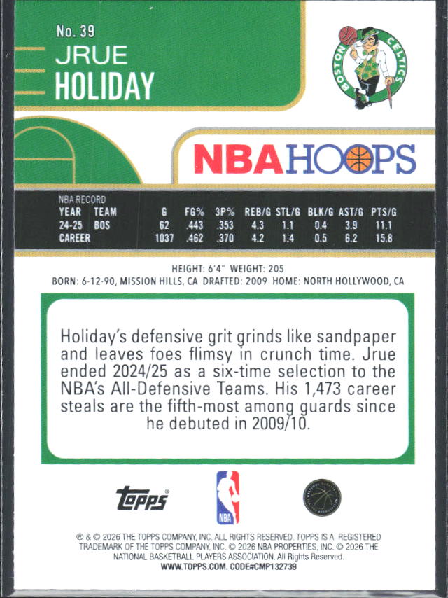 Jrue Holiday 2025-26 NBA Hoops #39 – baksida