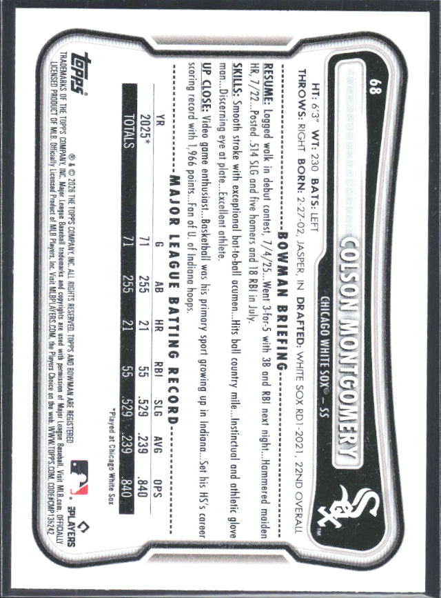 Colson Montgomery 2026 Bowman RC #68 – baksida