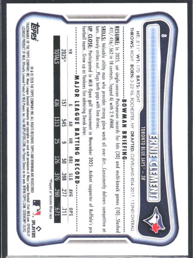 Ernie Clement 2026 Bowman #8 – baksida