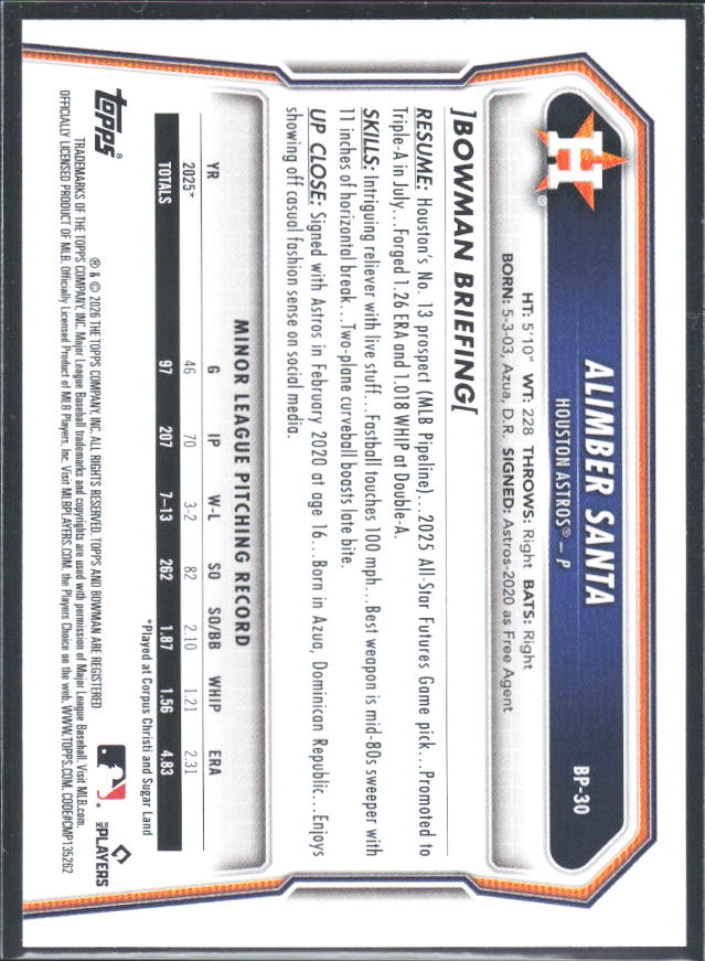 Alimber Santa 2026 Bowman 1st Prospects #BP-30 – baksida