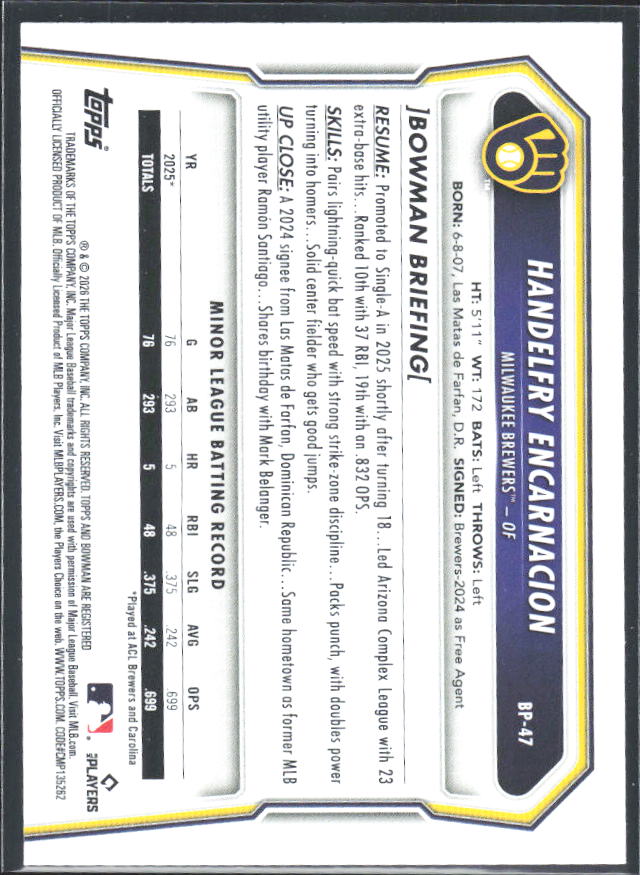 Handelfry Encarnacion 2026 Bowman 1st Prospects #BP-47 – baksida