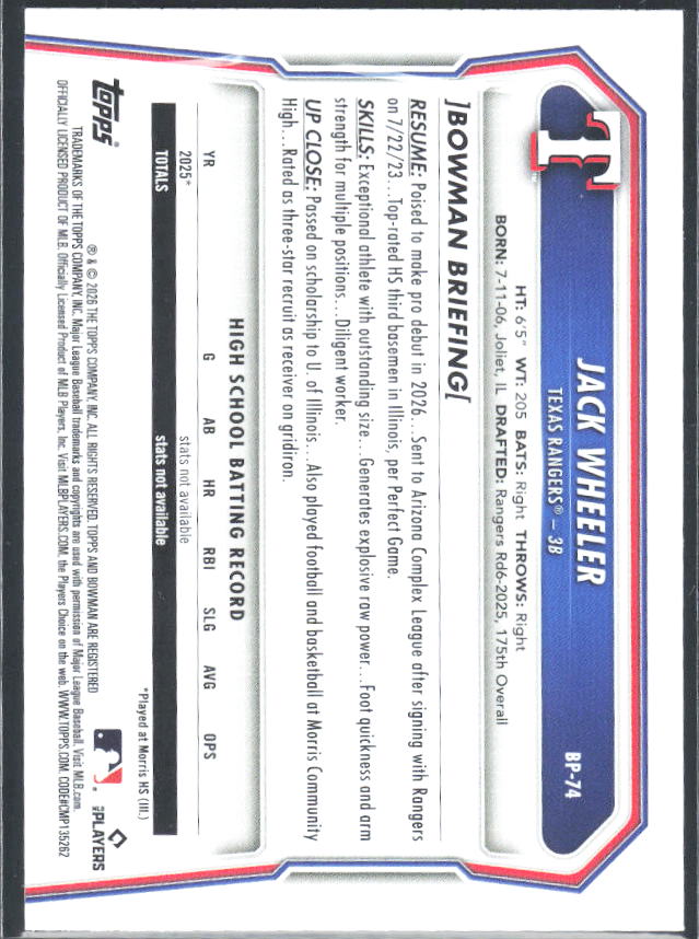 Jack Wheeler 2026 Bowman 1st Prospects #BP-74 – baksida
