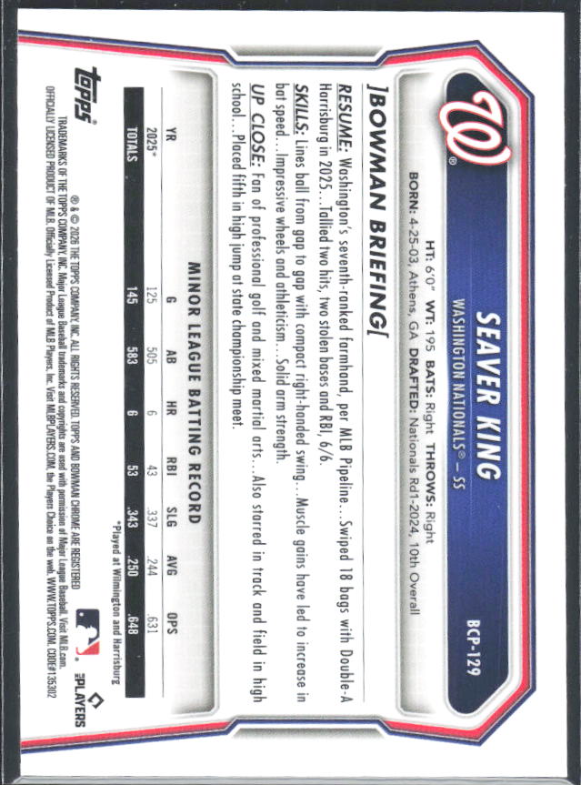 Seaver King 2026 Bowman Chrome Prospects #BCP-129 – baksida