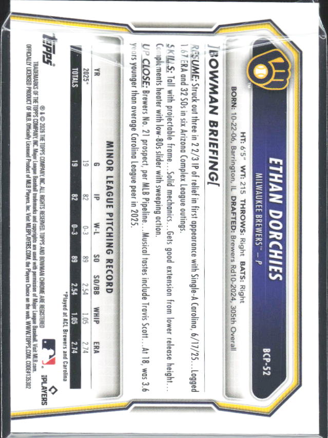 Ethan Dorchies 2026 Bowman 1st Chrome Prospects #BCP-52 – baksida