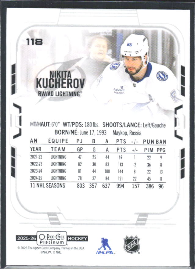 Nikita Kucherov 2025-26 O-Pee-Chee Platinum #118 – baksida
