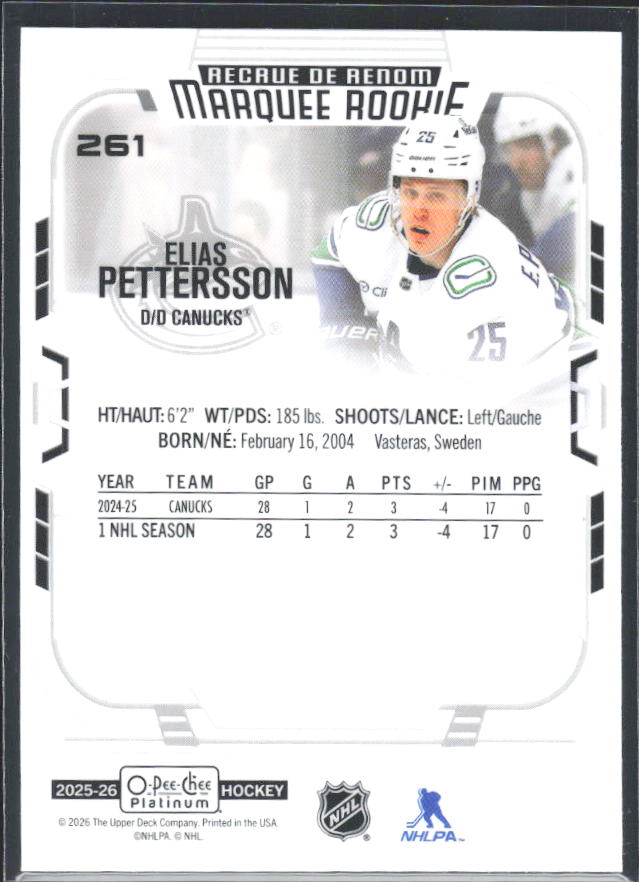 Elias Pettersson 2025-26 O-Pee-Chee Platinum Marquee Rookie #261 – baksida