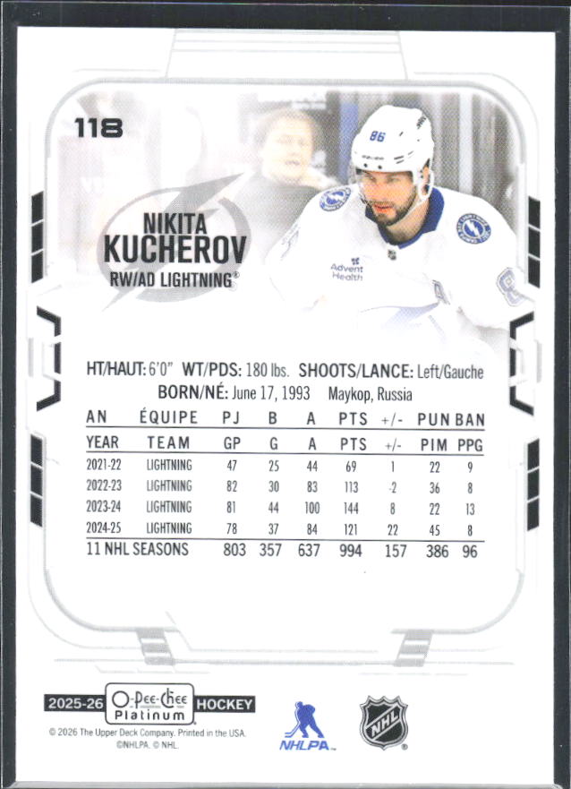 Nikita Kucherov 2025-26 O-Pee-Chee Platinum #118 – baksida
