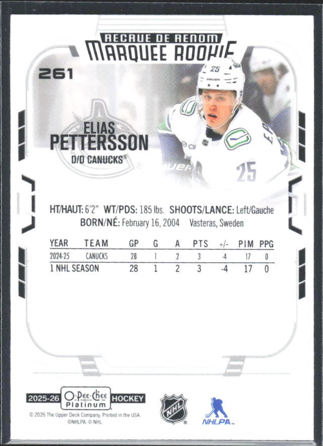 Elias Pettersson 2025-26 O-Pee-Chee Platinum Marquee Rookie #261 – baksida