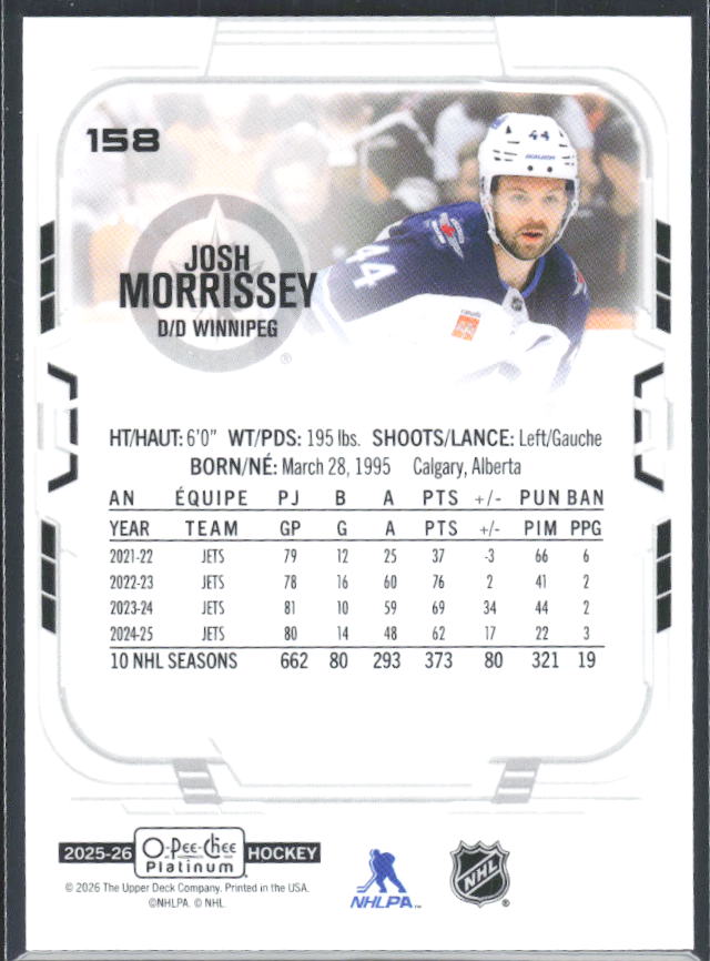Josh Morrissey 2025-26 O-Pee-Chee Platinum #158 – baksida