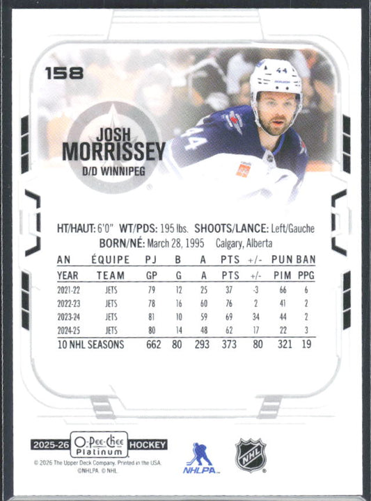 Josh Morrissey 2025-26 O-Pee-Chee Platinum #158 – baksida