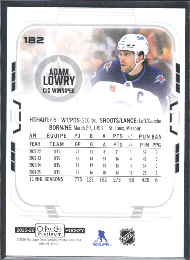 Adam Lowry 2025-26 O-Pee-Chee Platinum #182 – baksida