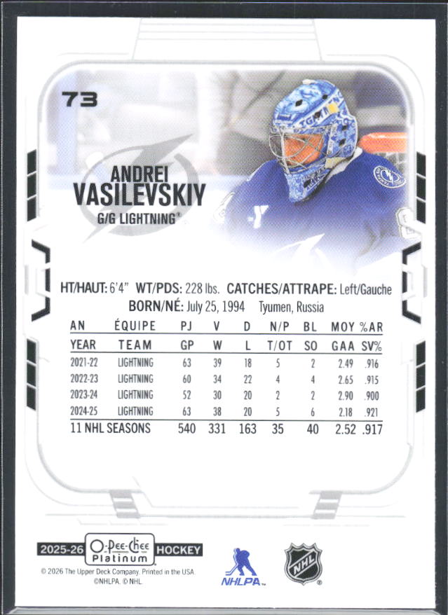 Andrei Vasilevskiy 2025-26 O-Pee-Chee Platinum #73 – baksida