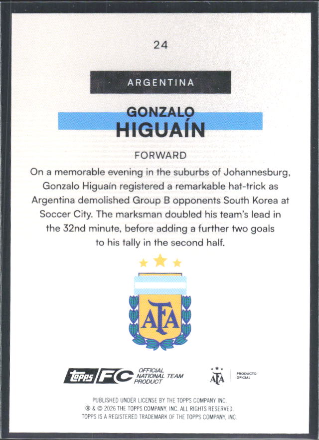 Gonzalo Higuaín 2026 Argentina Team Set Bona Fide Baller #24 – baksida