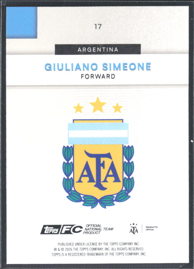 Giuliano Simeone 2026 Argentina Team Set #17 – baksida