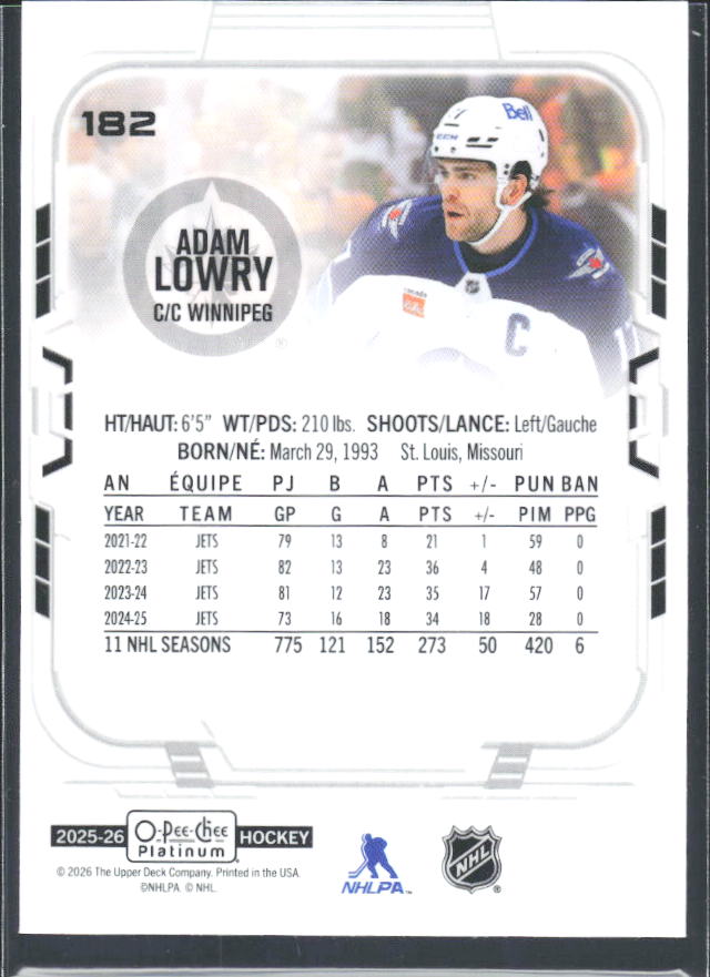 Adam Lowry 2025-26 O-Pee-Chee Platinum #182 – baksida