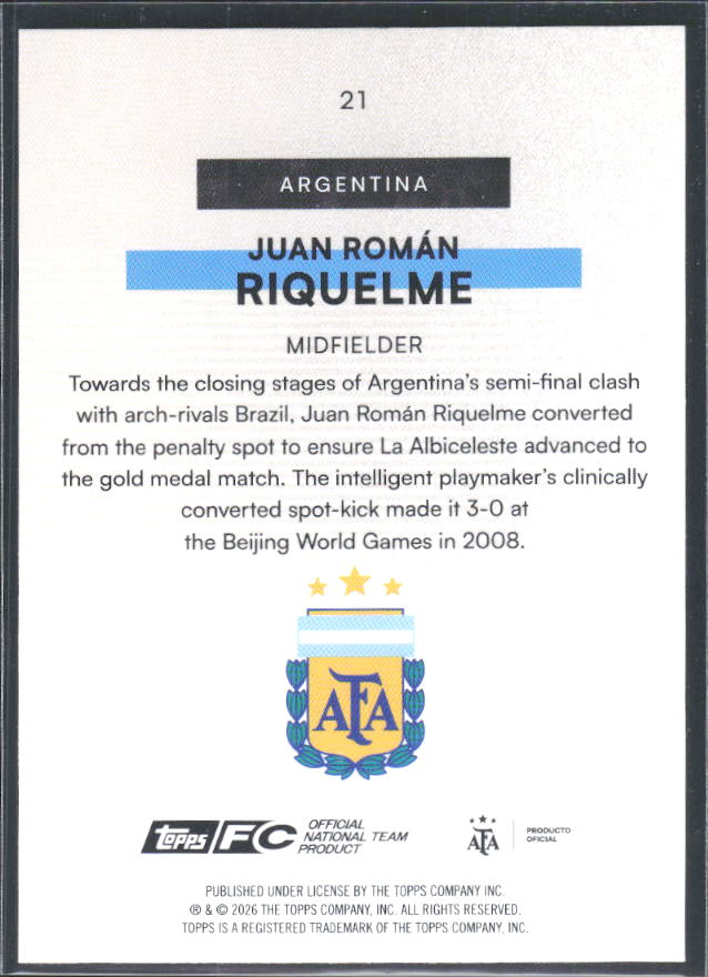 Juan Román Riquelme 2026 Argentina Team Set Bona Fide Baller #21 – baksida