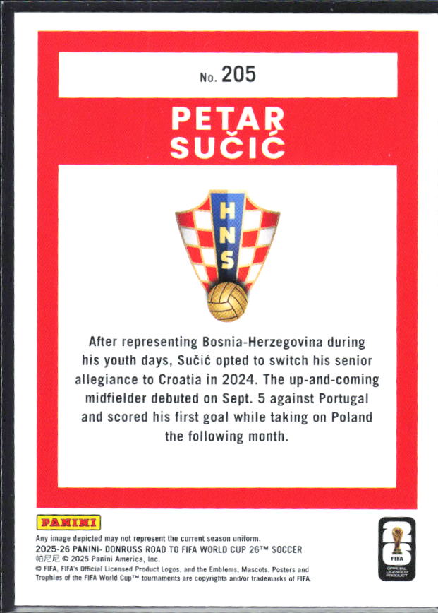 Petar Sučić 2025-26 Donruss Road to FIFA WC Rated Rookie #205 – baksida