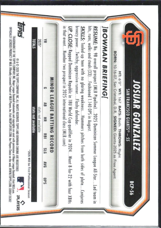 Josuar Gonzalez 2026 Bowman Chrome Prospects #BCP-56 – baksida