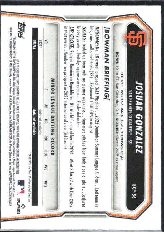 Josuar Gonzalez 2026 Bowman Chrome Prospects #BCP-56 – baksida