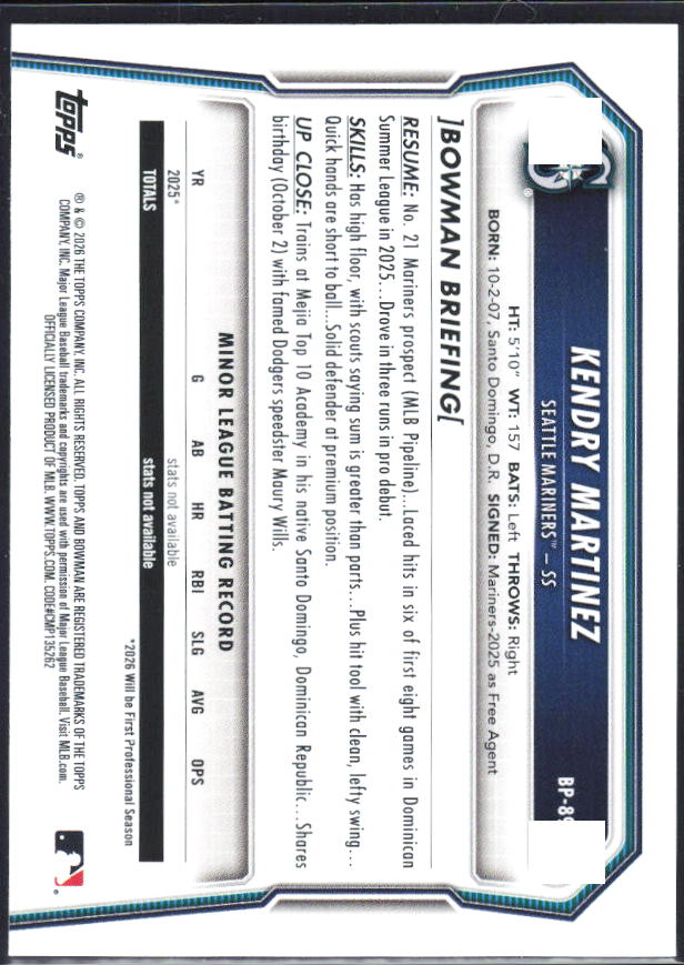 Kendry Martinez 2026 Bowman Prospects #BP-89 – baksida