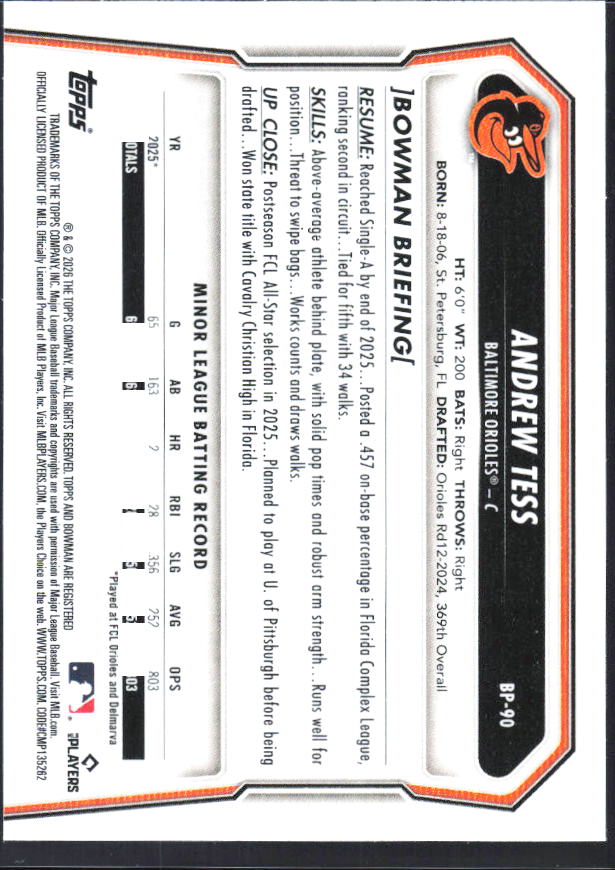 Andrew Tess 2026 Bowman 1st Prospects #BP-90 – baksida