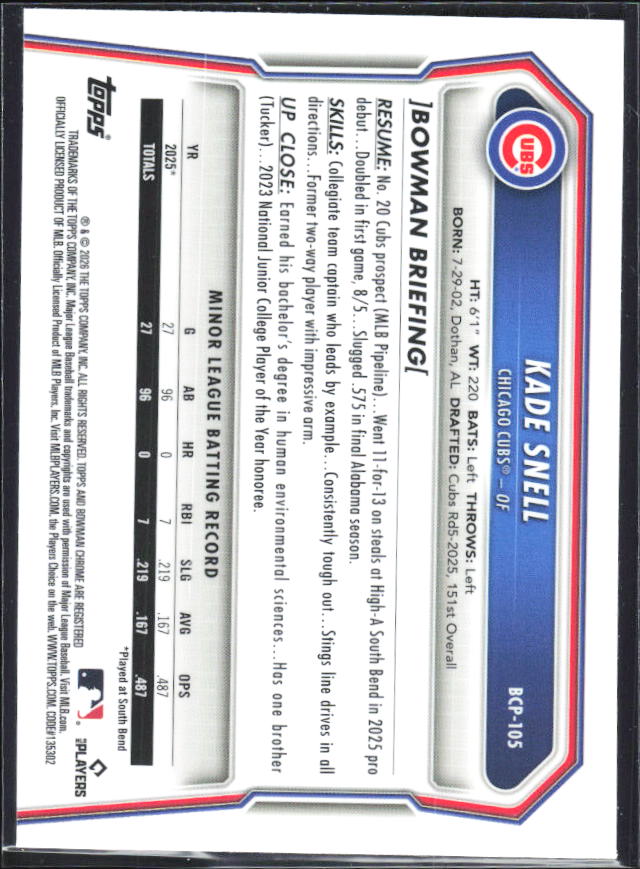 Kade Snell 2026 Bowman 1st Chrome Prospects #BCP-105 – baksida