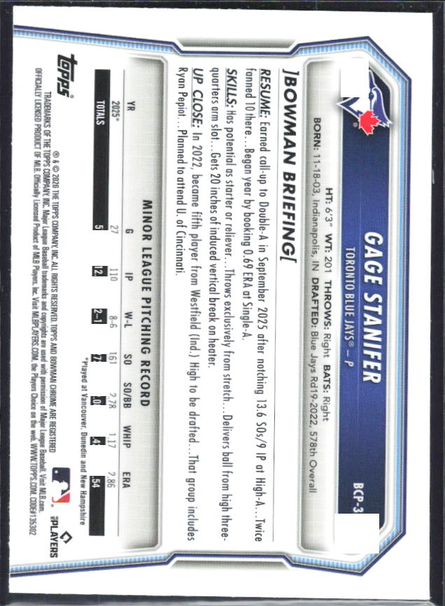 Gage Stanifer 2026 Bowman 1st Chrome Prospects #BCP-37 – baksida
